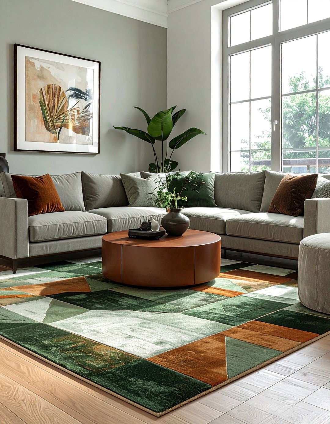 A Sage Green and Brown Patterned Area Rug - 20 Sage Green and Brown Living Room Ideas for Balance