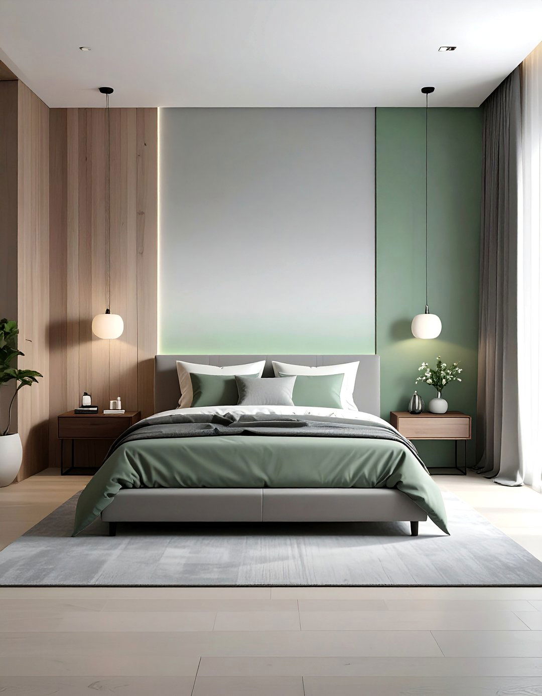 A Sage Green and Grey Ombre Wall Effect - 25 Sage Green and Grey Bedroom Ideas for a Relaxing Retreat