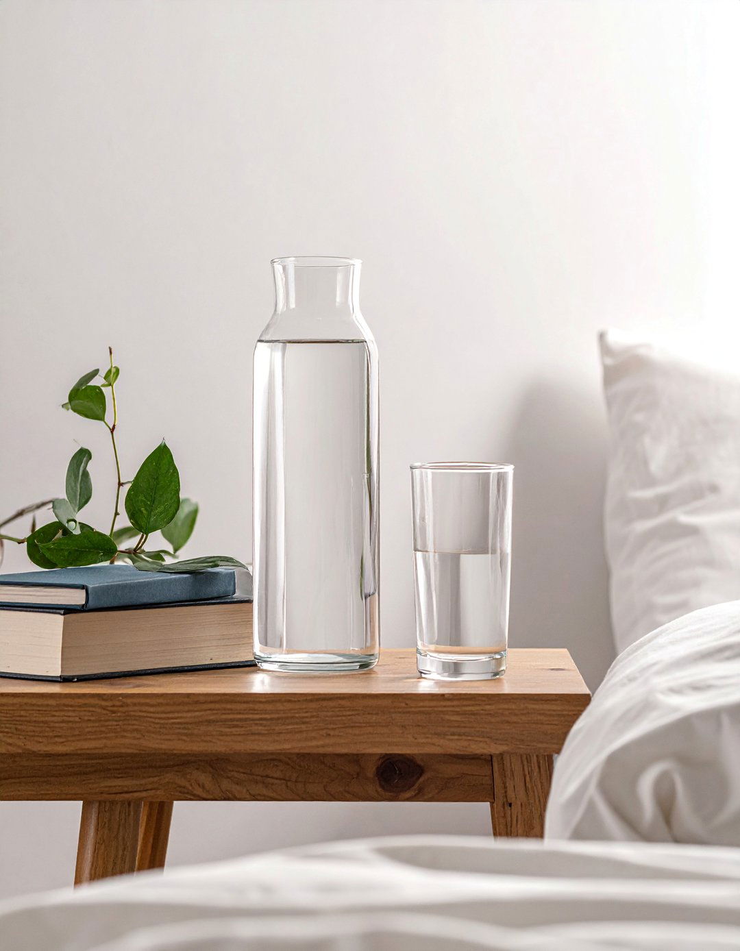 A Simple Bedside Water Carafe and Glass - 40 Cozy Bedroom Ideas for a Relaxing Retreat