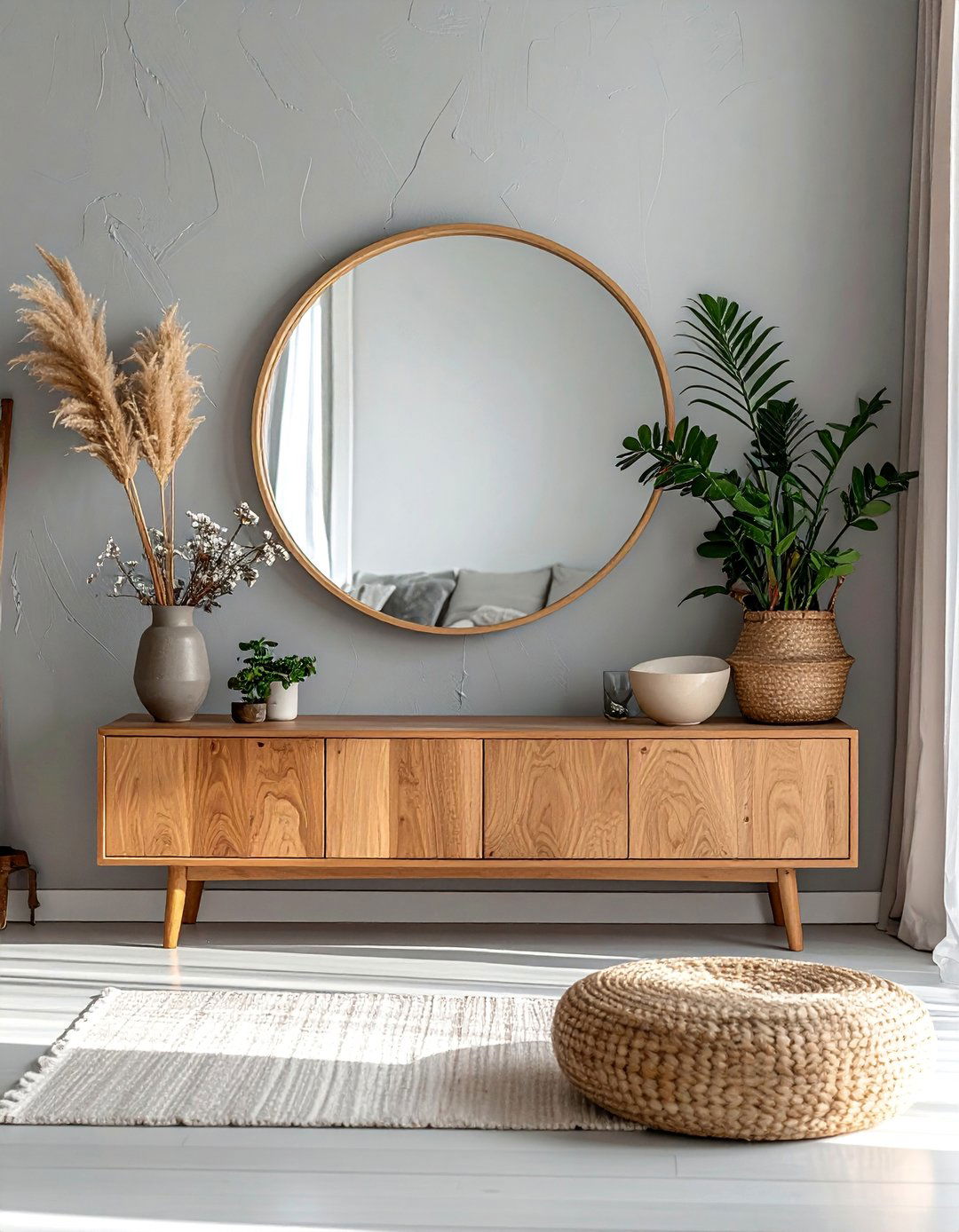 A Simple Round Mirror with a Wood Frame - 30 Rustic Scandinavian Living Room Ideas for a Cozy Vibe