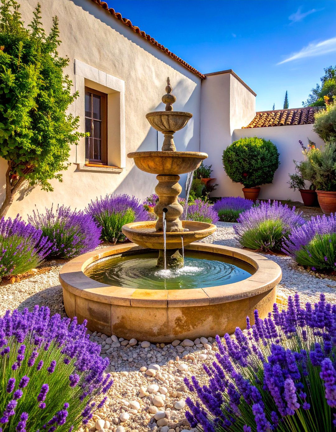 A Simple Stone Water Feature in a Greek Garden - 30 Greek Garden Ideas for a Mediterranean Oasis