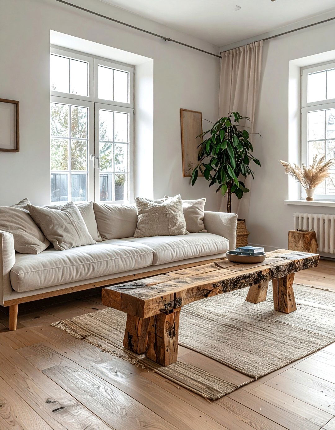 A Simplistic Wooden Bench as a Coffee Table Alternative - 30 Rustic Scandinavian Living Room Ideas for a Cozy Vibe