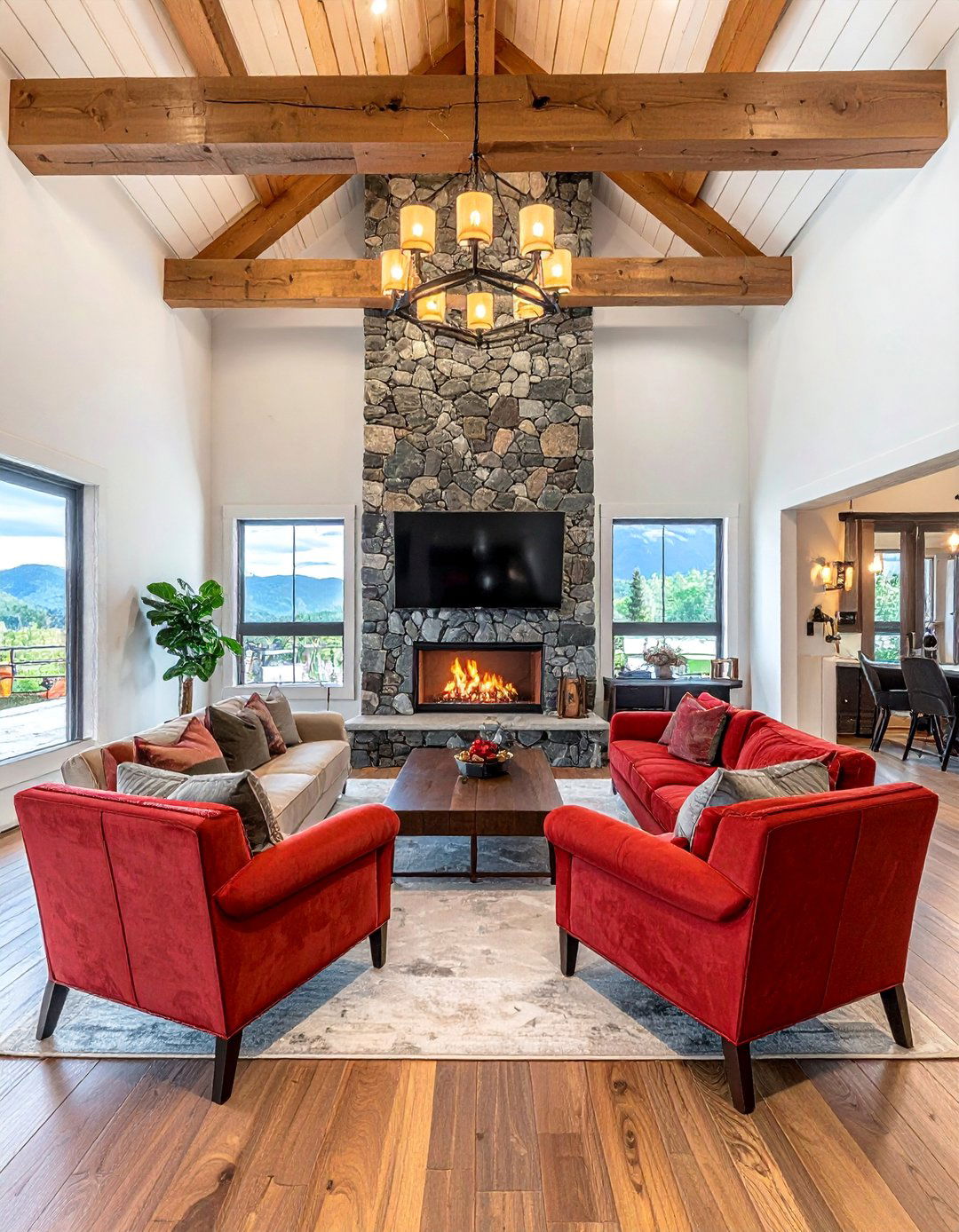A Statement Stone Fireplace in a Vaulted Ceiling Living Room - 20 Open Concept Vaulted Ceiling Living Room Ideas