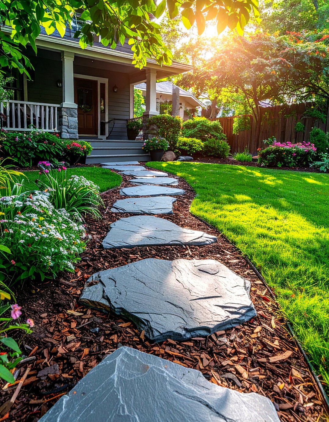 A Stepping Stone Path Through a Mulched Bed - 40 Small Front Yard Landscaping Ideas to Boost Curb Appeal