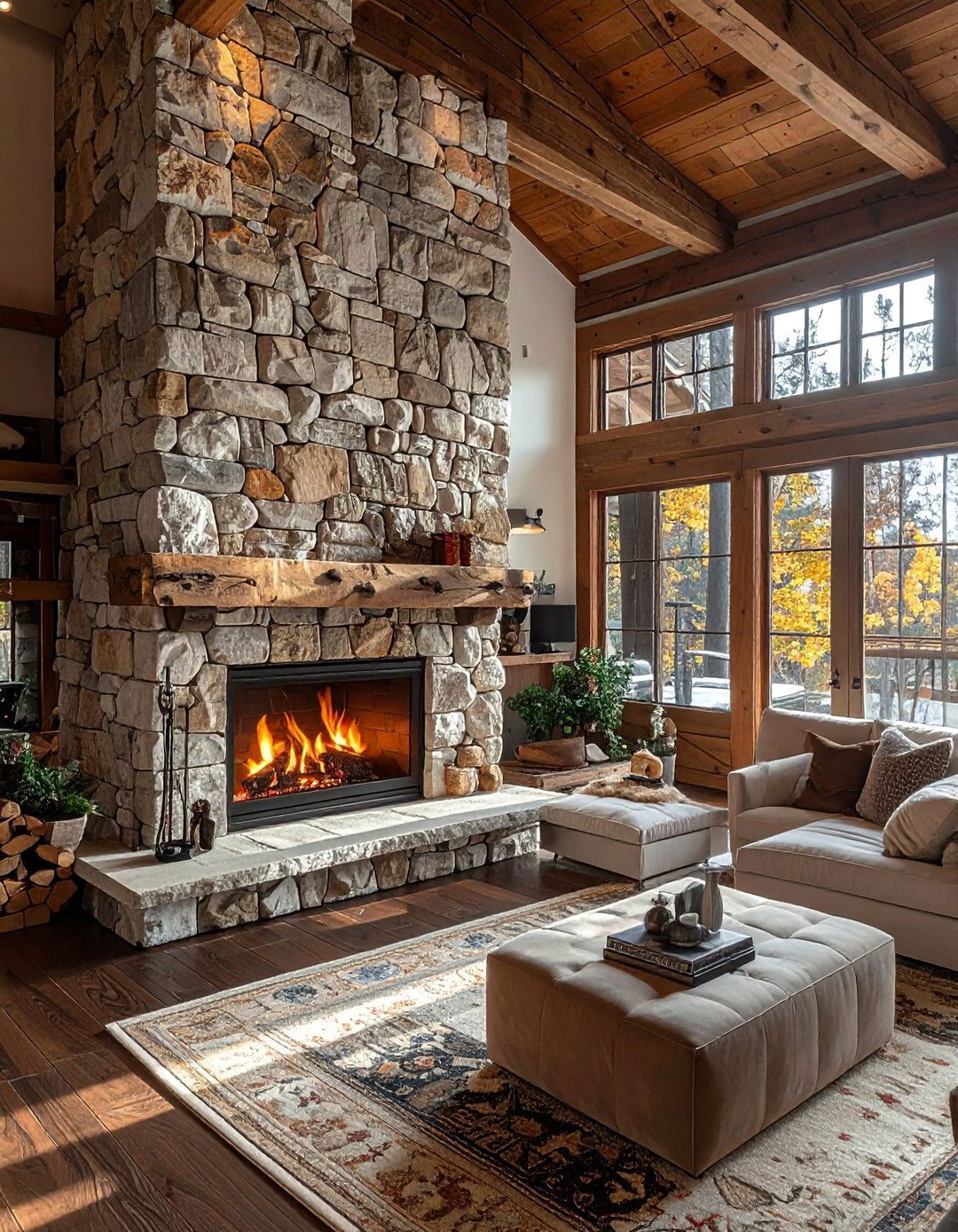 A Stone Fireplace Surround as a Focal Point - 30 Dark Brown Floor Living Room Ideas for a Warm Ambiance