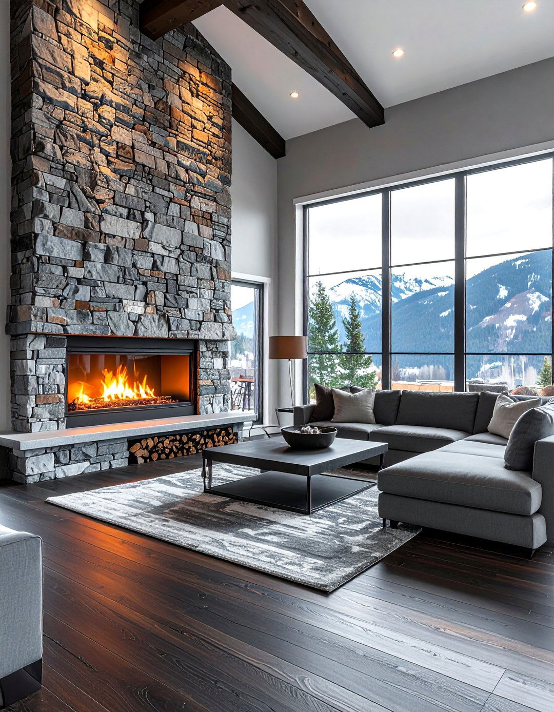 A Stone or Concrete Fireplace Surround - 20 Grey Living Room With Dark Wood Floors Ideas