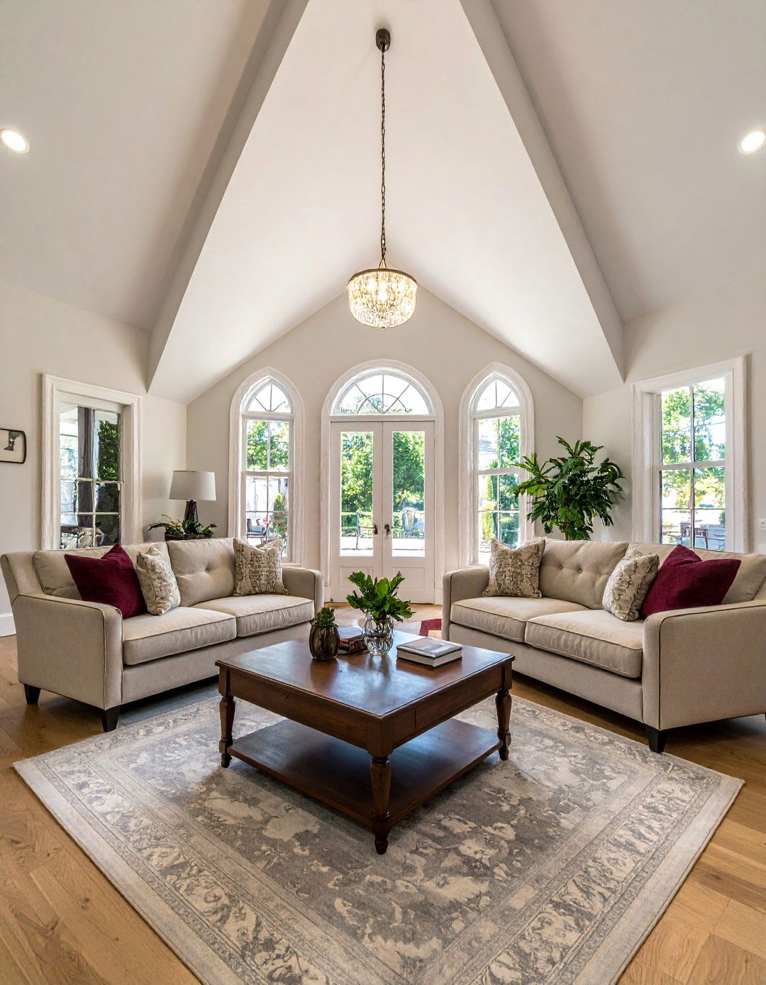 A Symmetrical Furniture Layout in a Vaulted Ceiling Living Room - 20 Open Concept Vaulted Ceiling Living Room Ideas