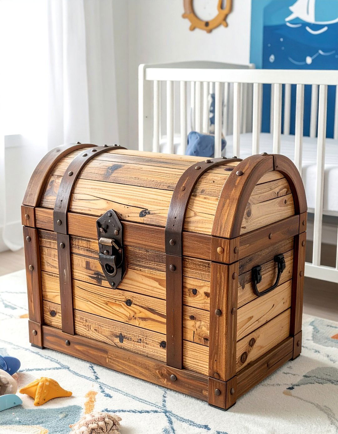 A Treasure Chest Toy Box for Storage - 25 Nautical Nursery Ideas for a Coastal-Themed Baby Room