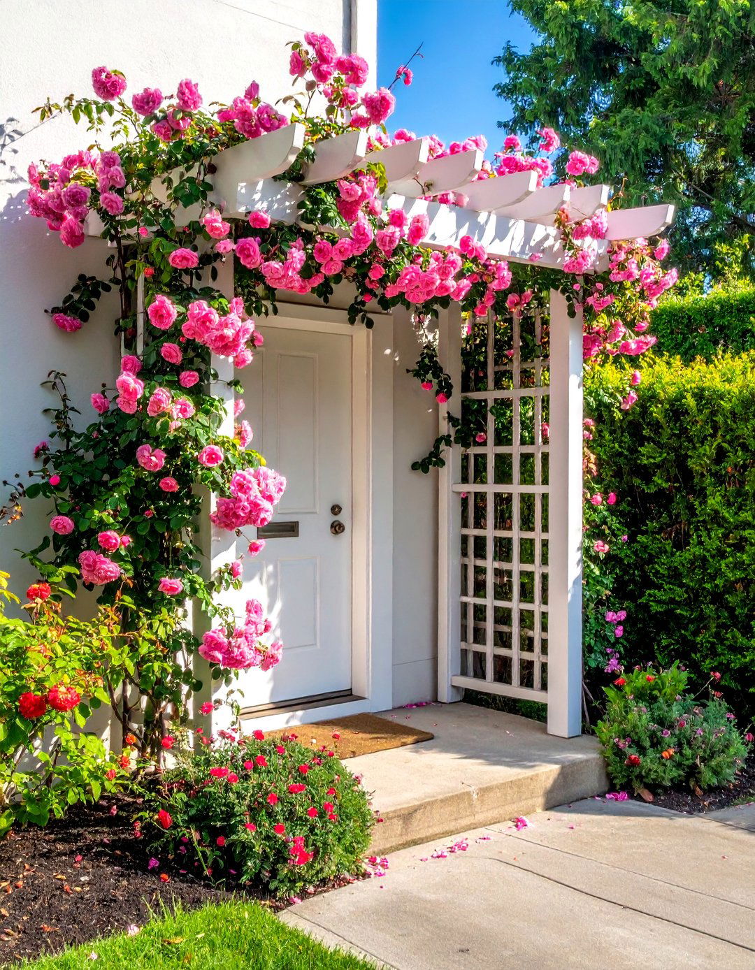A Trellis with Climbing Roses by the Entrance - 40 Small Front Yard Landscaping Ideas to Boost Curb Appeal