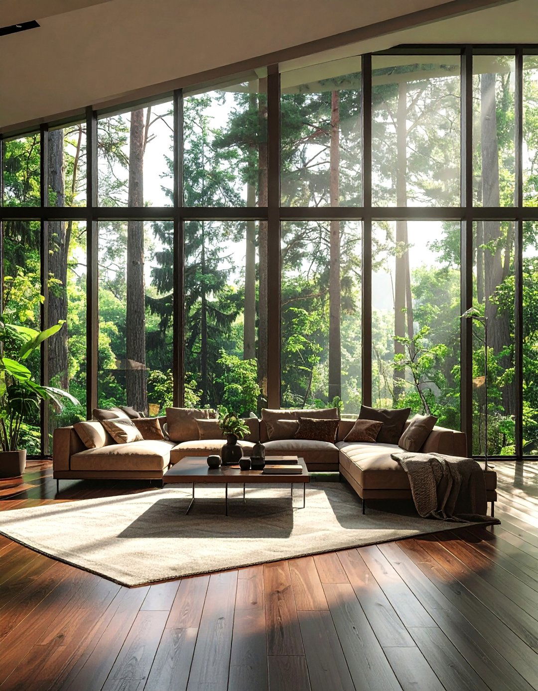 A Wall of Windows for an Unobstructed View - 30 Dark Brown Floor Living Room Ideas for a Warm Ambiance