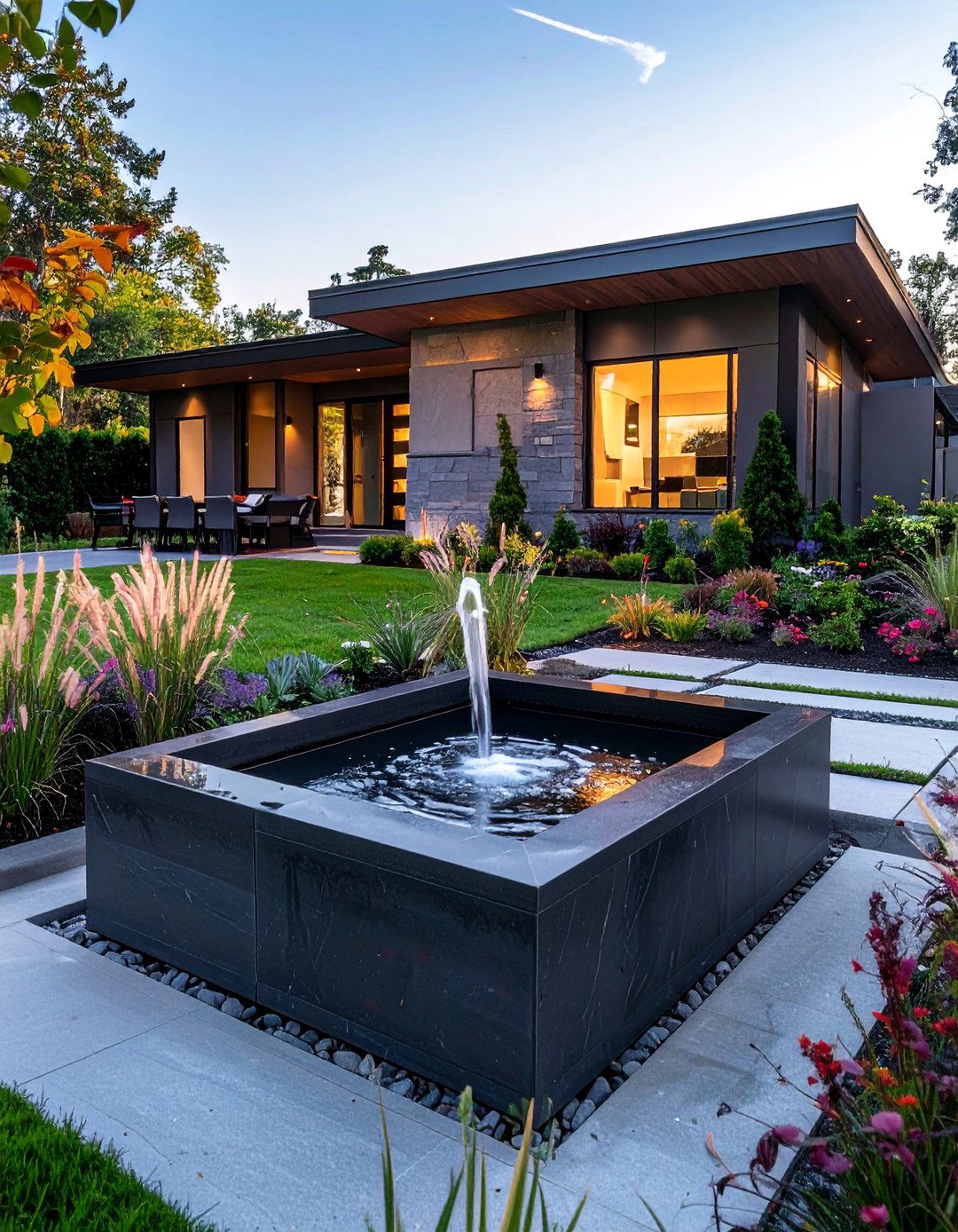 A Water Feature in the Front Yard of a Transitional Home Exterior - 30 Transitional Home Exterior Ideas for Modern Appeal