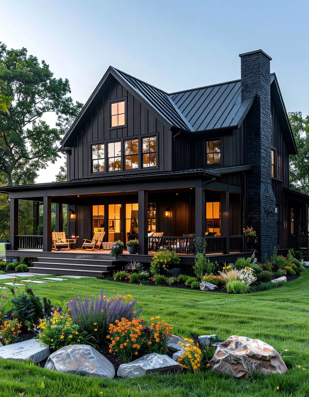 A Welcoming Wraparound Porch - 40 Black Modern Farmhouse Exterior Design Ideas for a Sleek Look