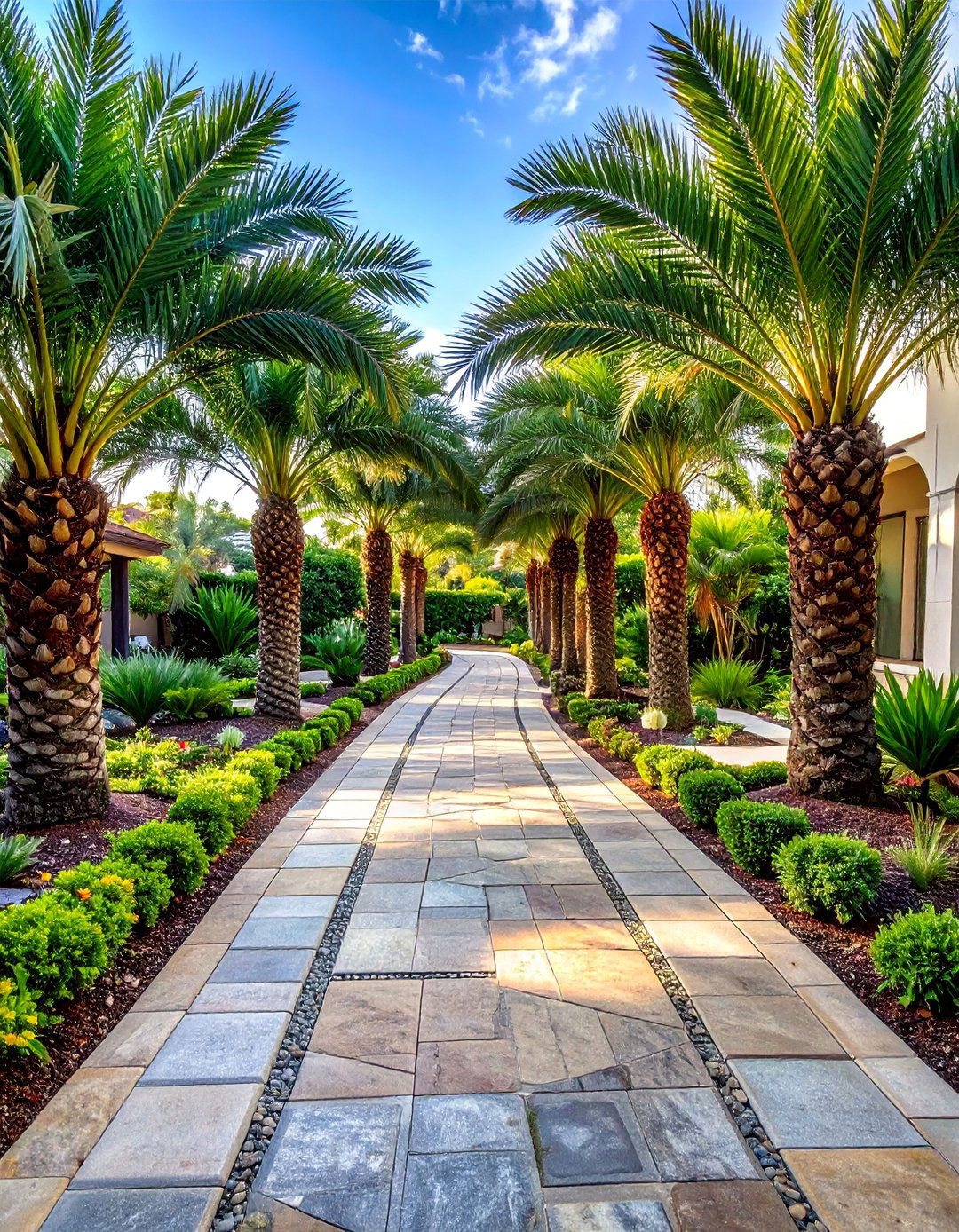 A Winding Path Lined with Dwarf Palms - 35 Front Yard Palm Tree Landscape Design Ideas