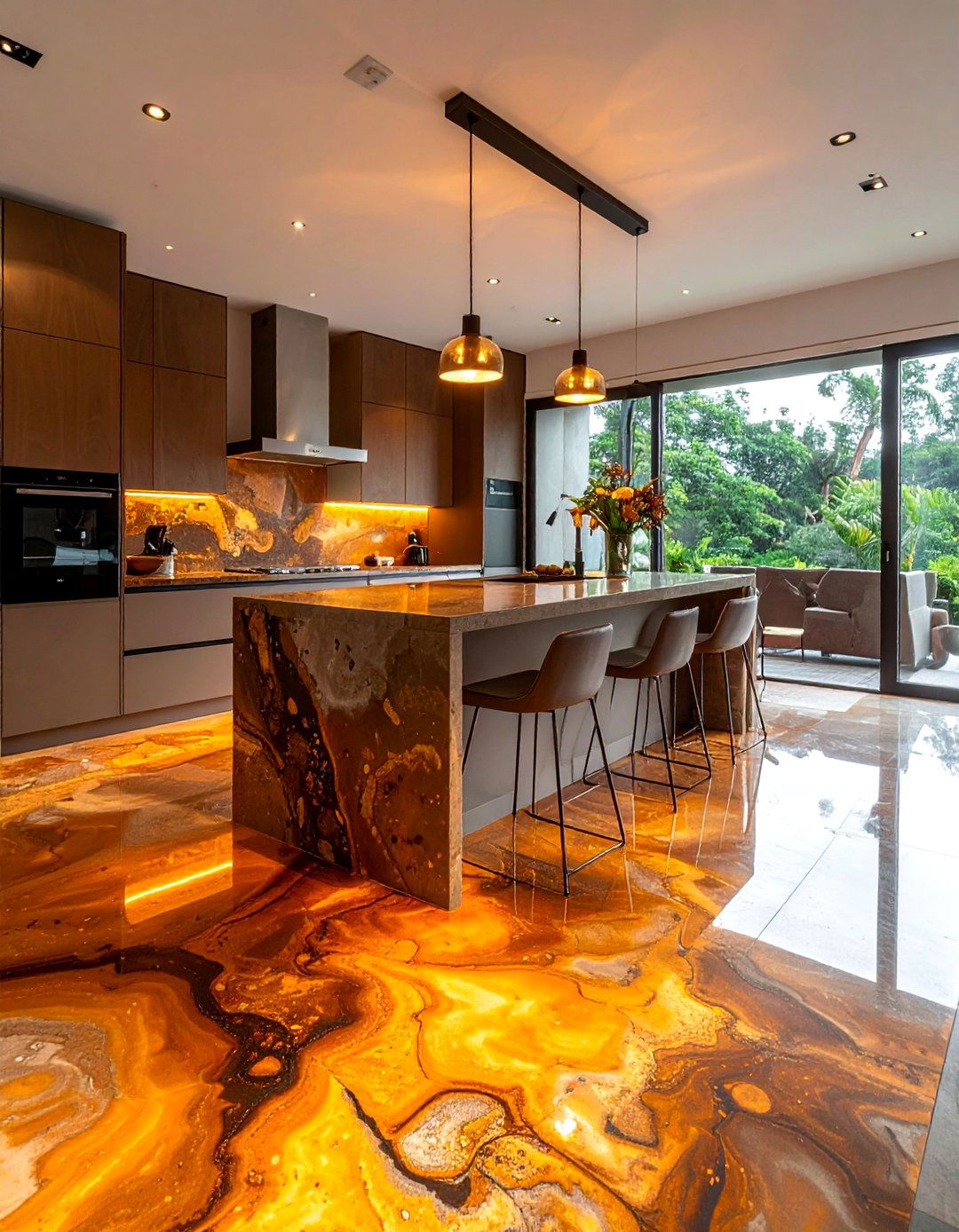 Acid Stained Concrete Floor Kitchen with a Marbled Effect - 25 Concrete Floor Kitchen Ideas for a Sleek Look