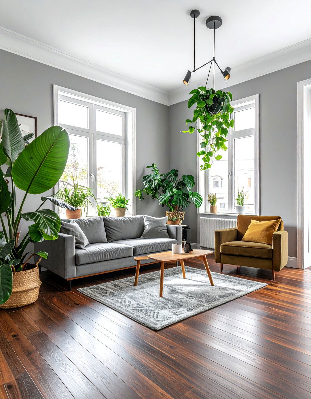 Adding Greenery with Houseplants - 20 Grey Living Room With Dark Wood Floors Ideas
