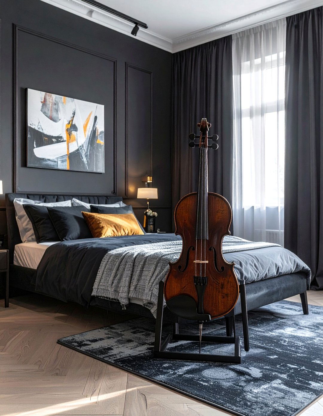 Adding Musical Instruments as Decor in a Dark Academia Bedroom - 25 Dark Academia Bedroom Ideas for a Moody, Intellectual Look