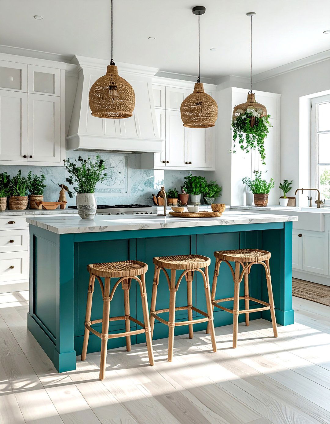 Aegean Teal Island with Rattan Bar Stools - 30 White Kitchen Cabinets With Blue Island Design Ideas