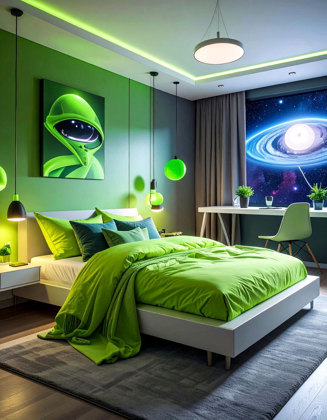 Alien Inspired Green Accents - 20 Galaxy Space-themed Bedroom Ideas for Dreamers