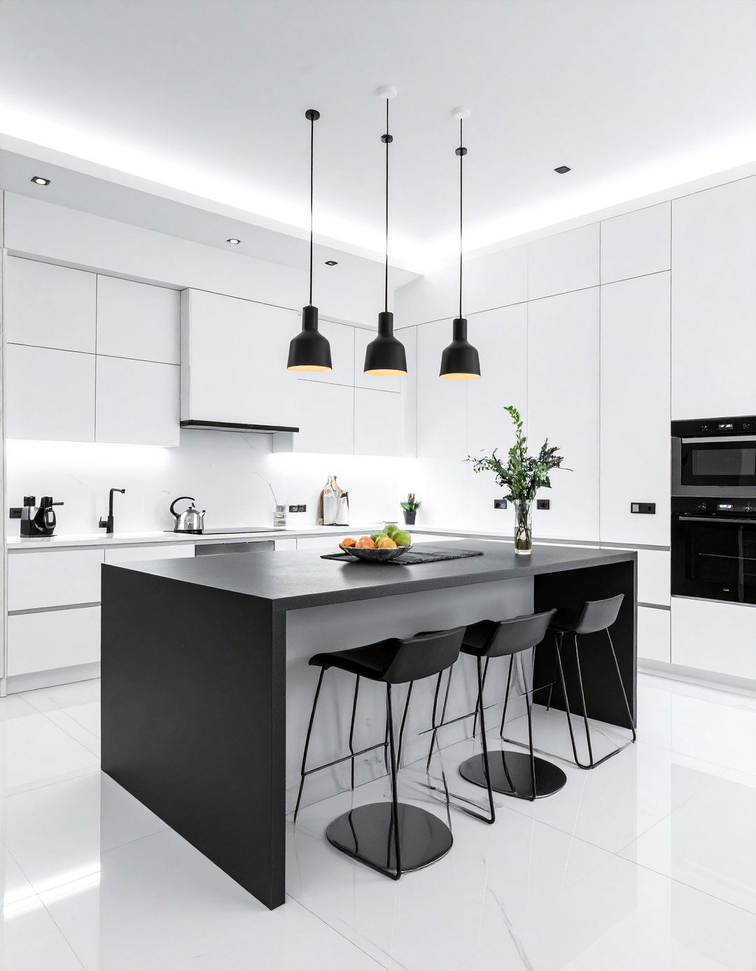 All White Kitchen with a Black Island - 40 Black and White Kitchen Ideas for a Classic and Chic Space