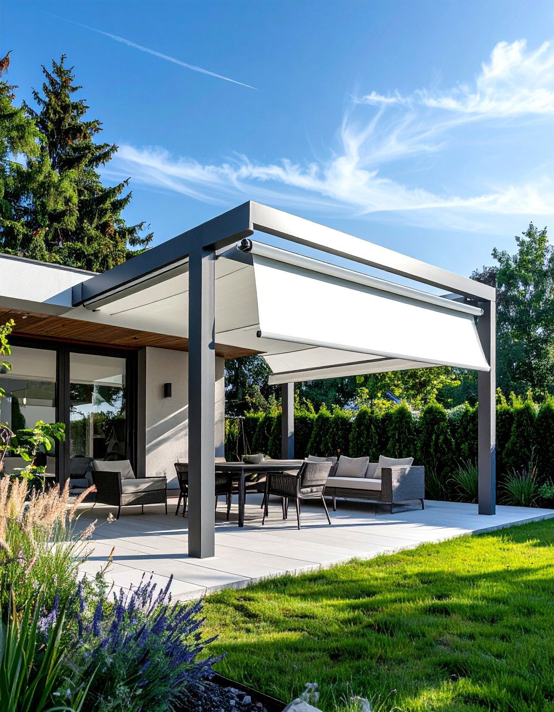 Aluminum Pergola with Retractable Canopy - 20 Garden Shade Ideas for a Cool and Comfortable Outdoor Space