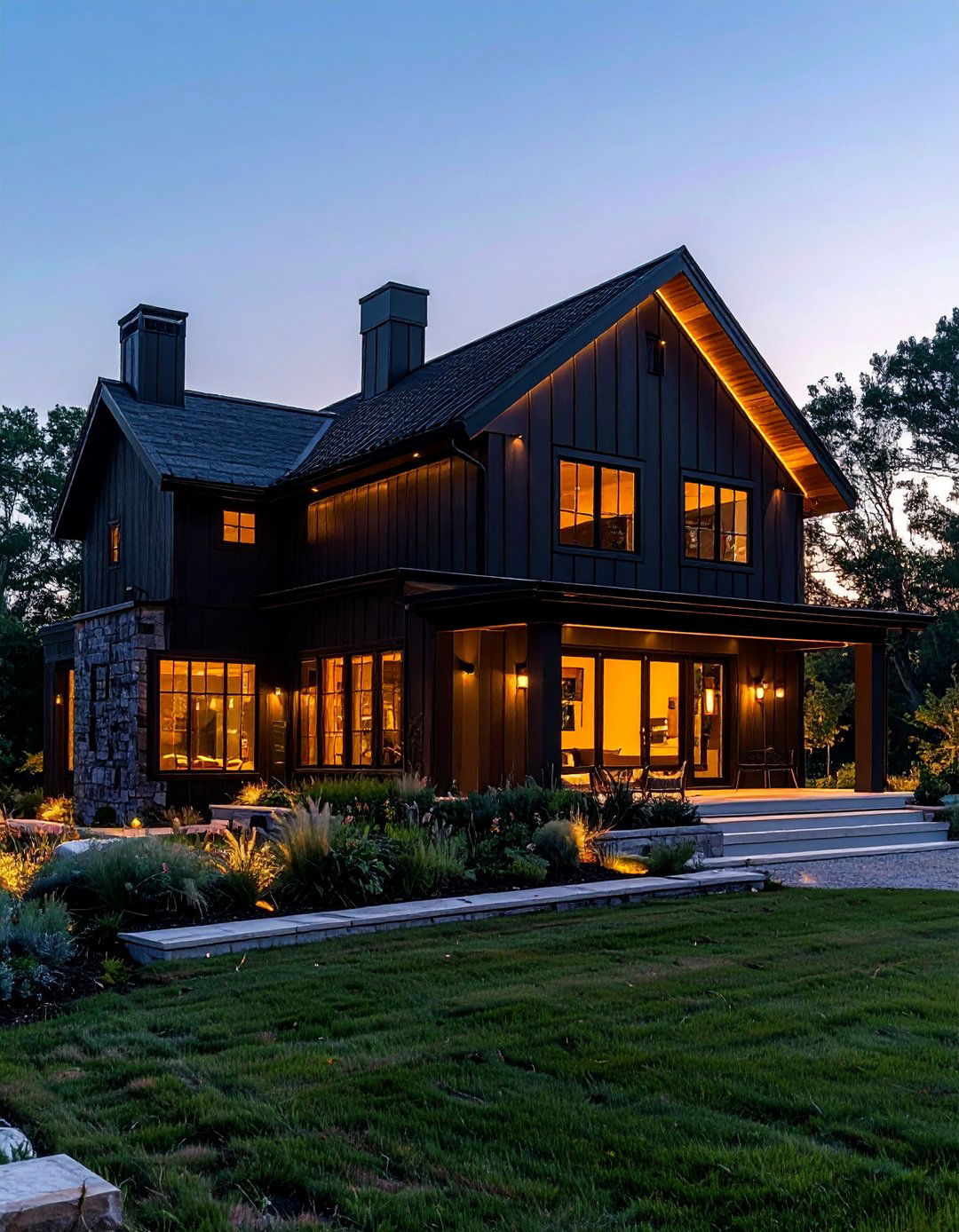 An Exterior With Recessed Lighting - 40 Black Modern Farmhouse Exterior Design Ideas for a Sleek Look