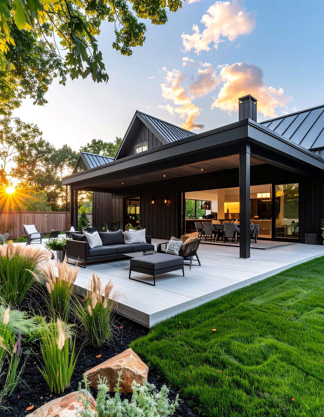 An Integrated Outdoor Living Space - 40 Black Modern Farmhouse Exterior Design Ideas for a Sleek Look