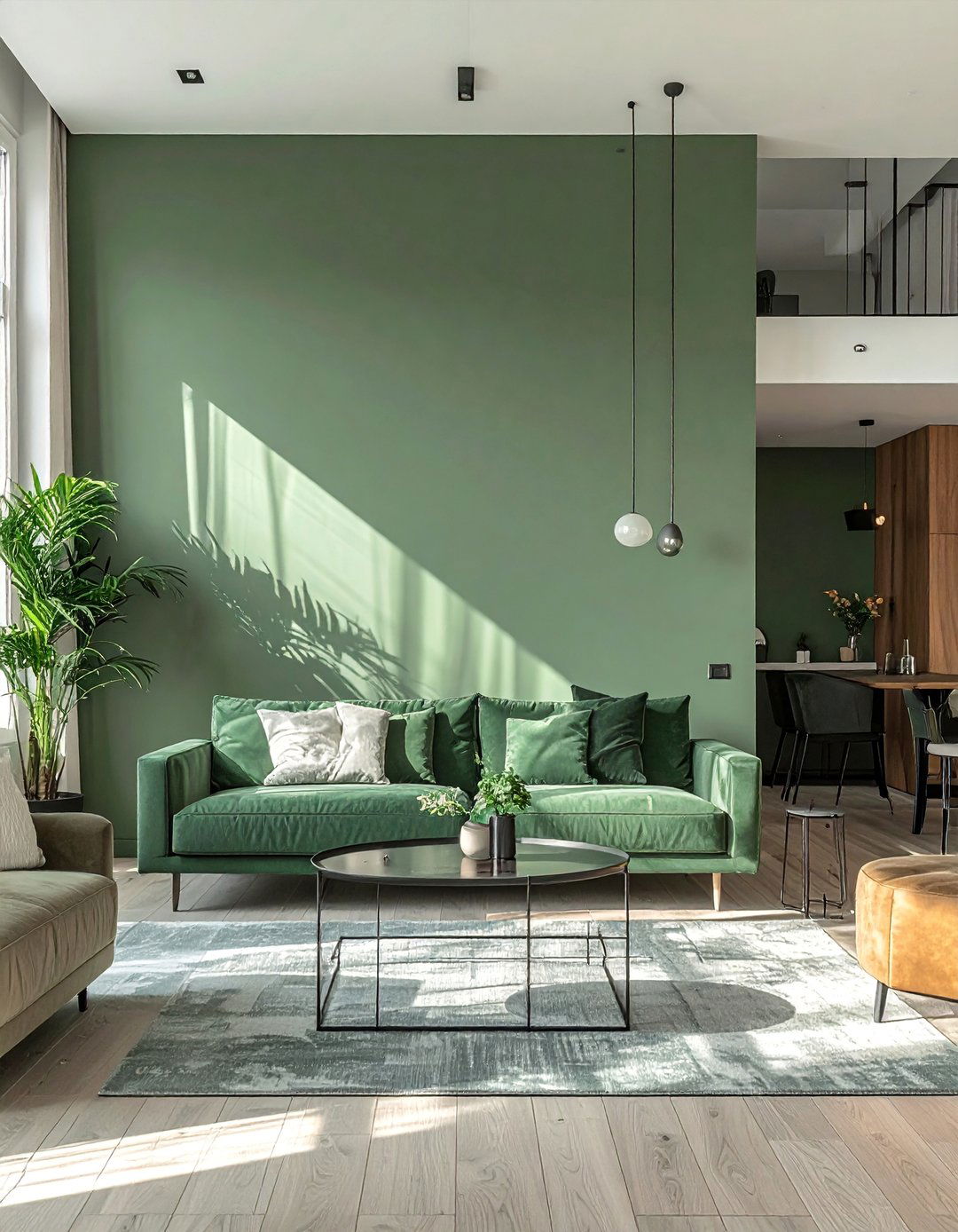 An Open Plan Living Space in Consistent Sage Green - 40 Sage Green Paint Color Ideas for a Serene Home