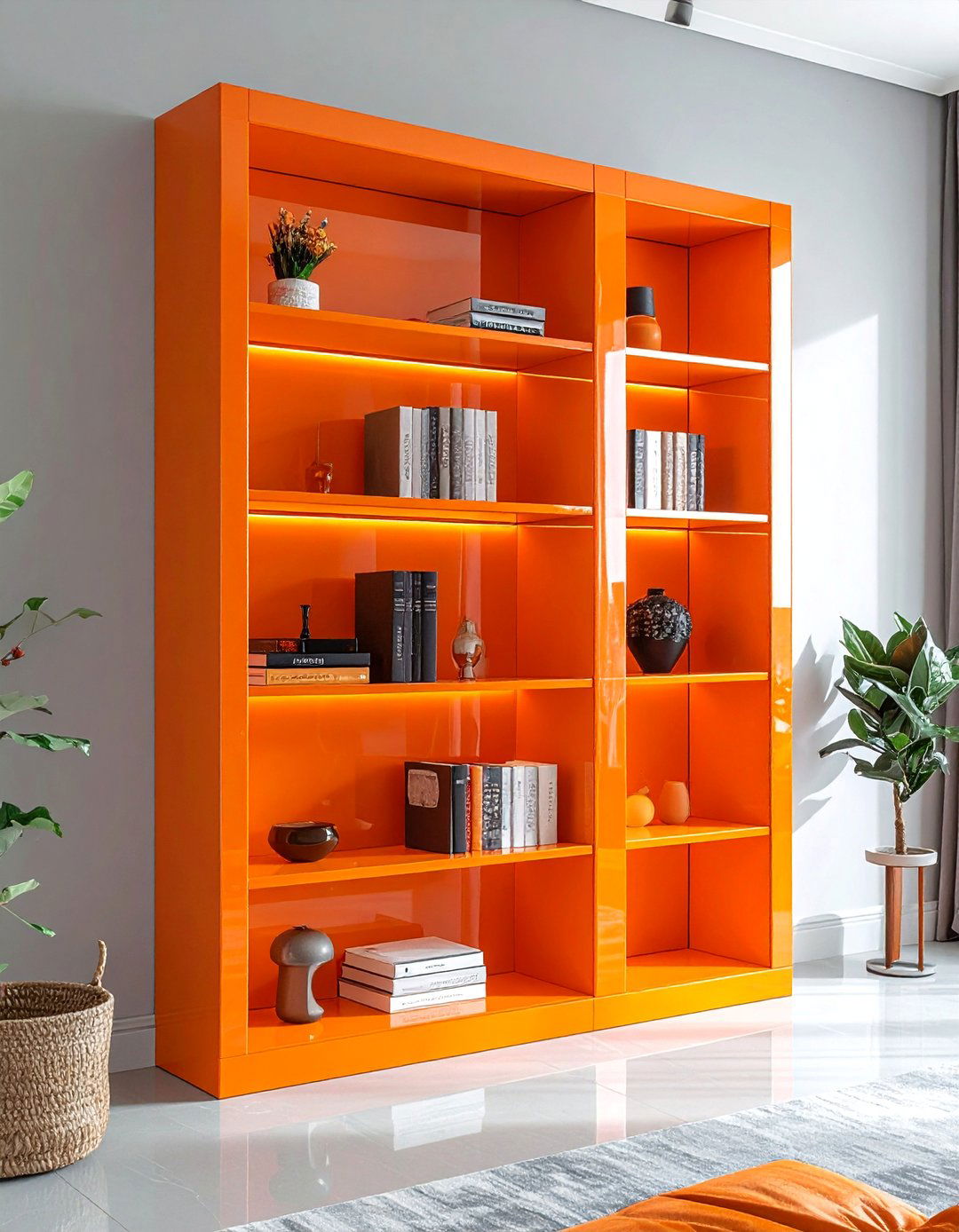 An Orange Lacquered Bookshelf - 30 Orange Room Ideas to Brighten Your Home