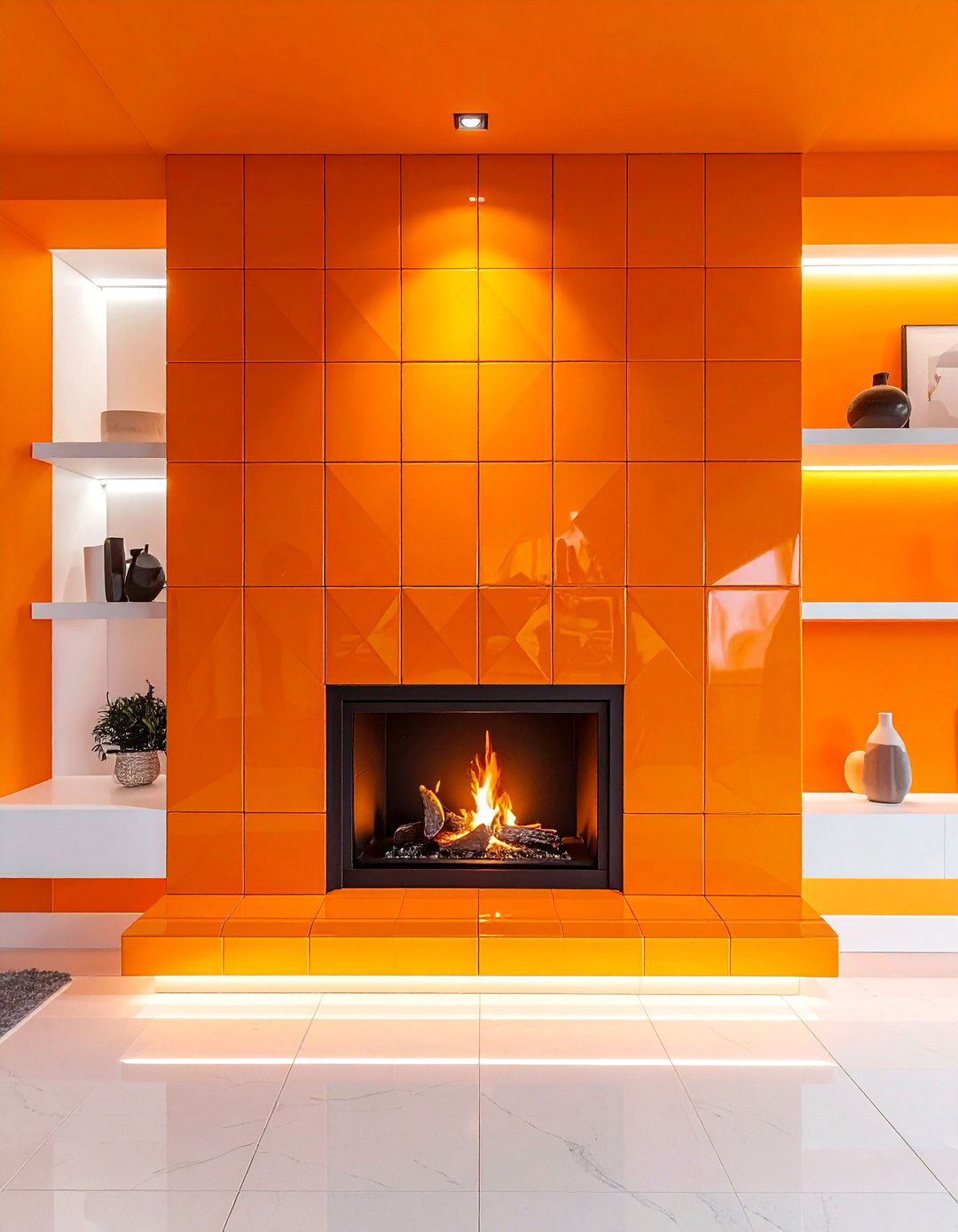 An Orange Tiled Fireplace Surround - 30 Orange Room Ideas to Brighten Your Home