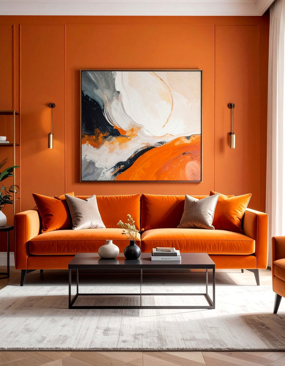 An Orange Velvet Sofa as a Statement Piece - 30 Orange Room Ideas to Brighten Your Home