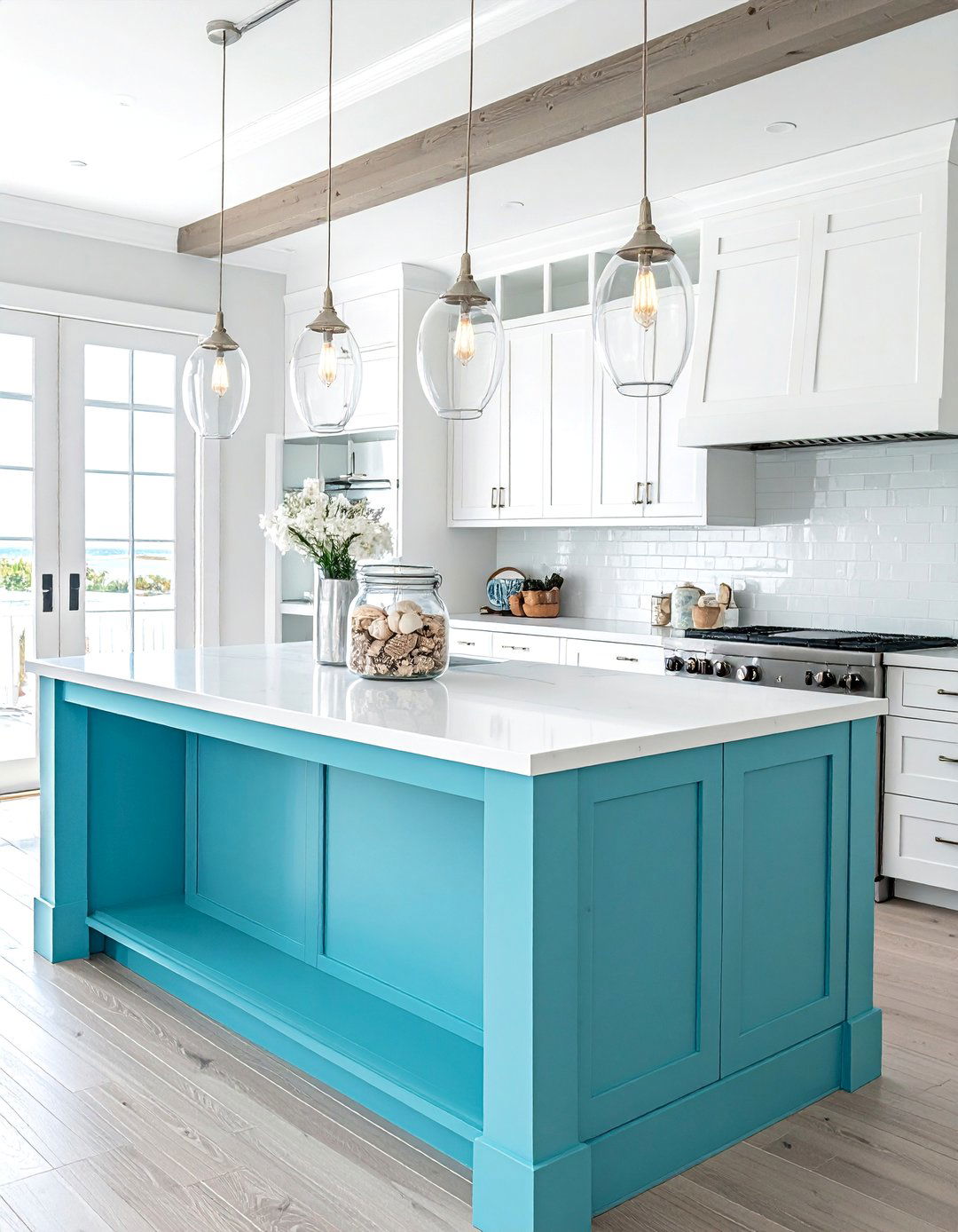 Aqua Blue Island with Glass Pendant Lights - 30 White Kitchen Cabinets With Blue Island Design Ideas