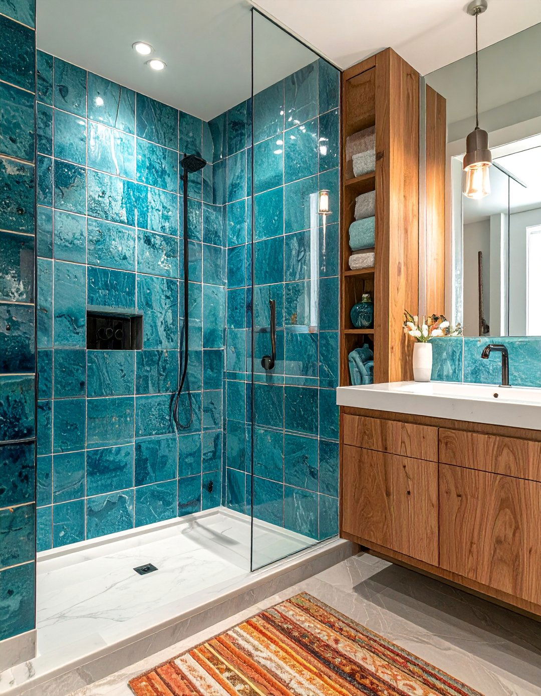 Aqua Blue Zellige Tiled Bathroom - 25 Colorful Bathroom Ideas to Brighten Your Space