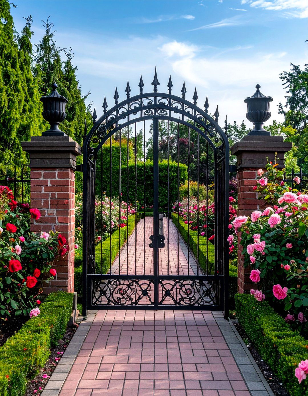 Arched Top Metal Garden Gate with Spear Finials - 25 Metal Garden Gate Ideas for a Stylish Entrance