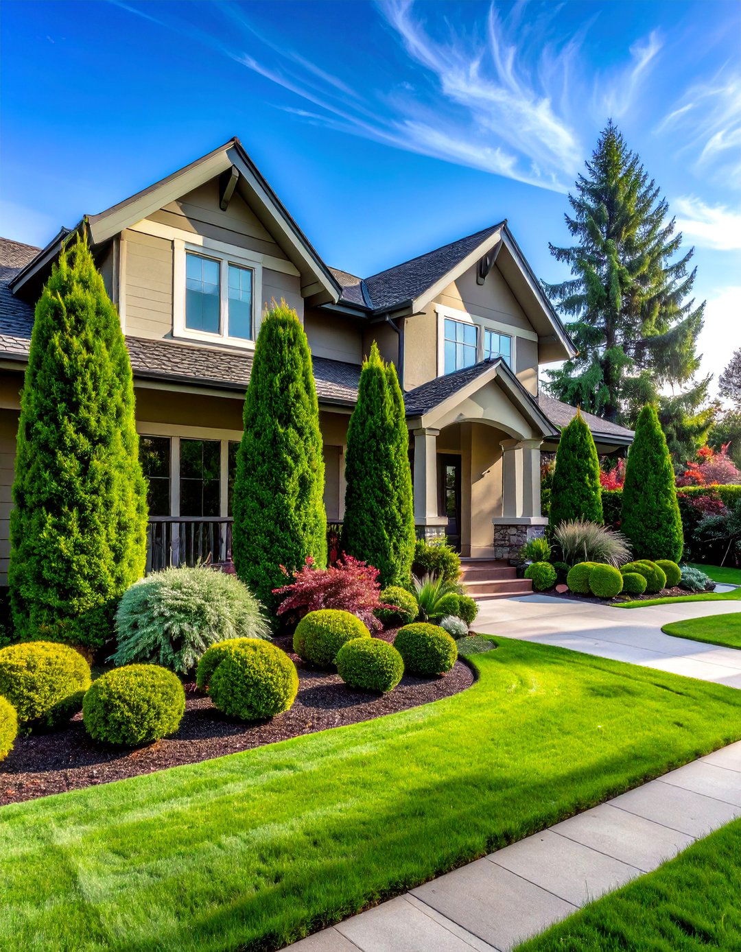 Architectural Evergreen Framework - 40 Front Yard Landscaping Ideas to Boost Curb Appeal