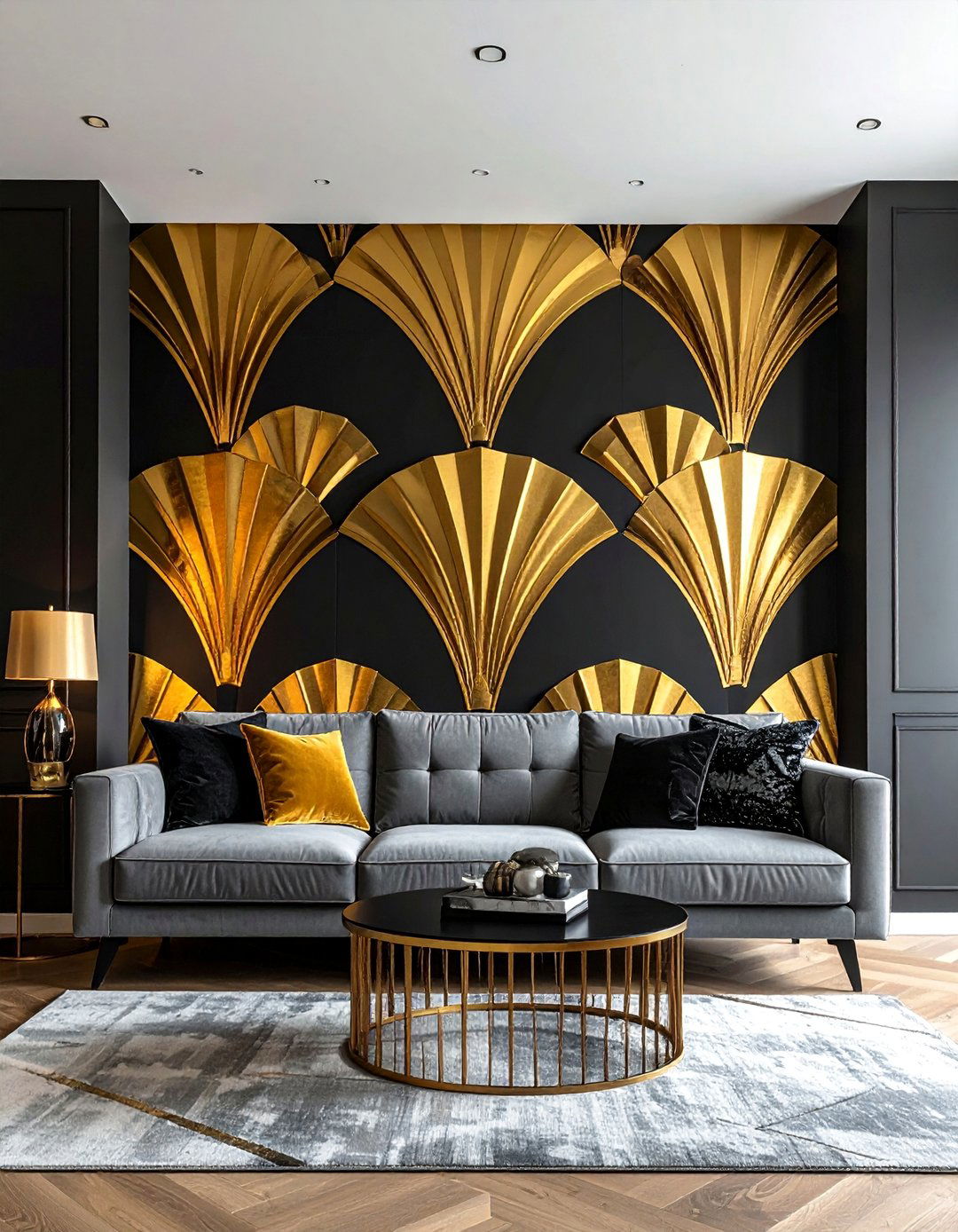 Art Deco Inspired Geometric Wallpaper - 40 Black and Gold Living Room Ideas for Luxurious Spaces