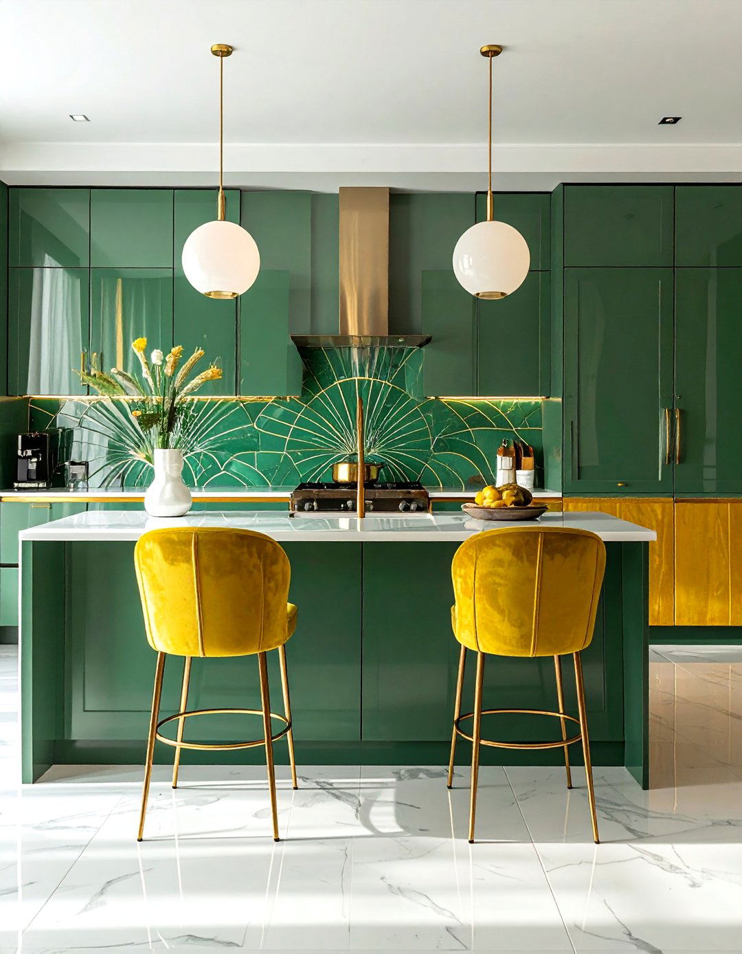Art Deco Style with Jade Green and Ochre Yellow - 20 Green and Yellow Kitchen Ideas for a Fresh Look