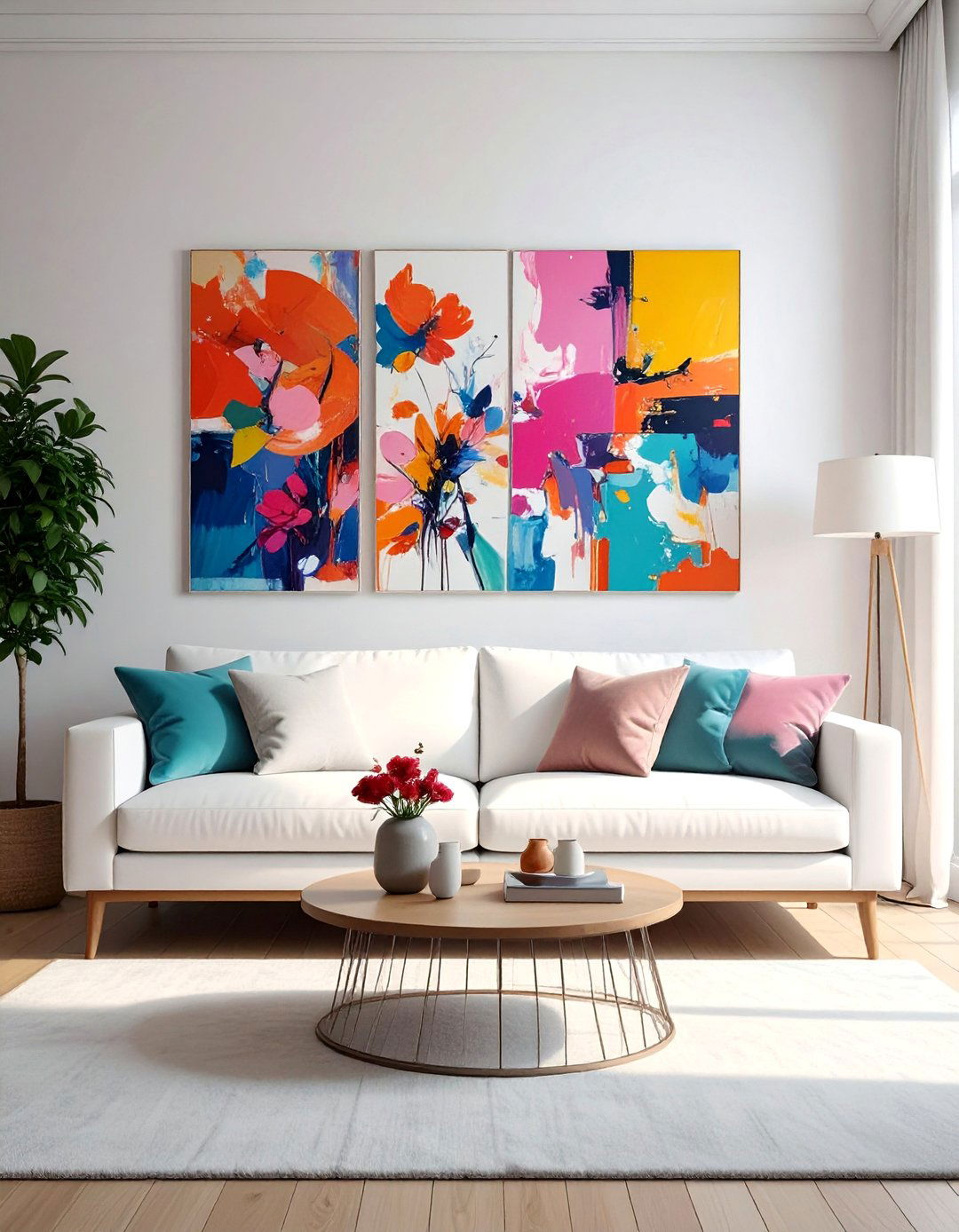 Art Filled White Couch Living Room with a Gallery Wall - 30 White Couch Living Room Ideas for a Bright Space