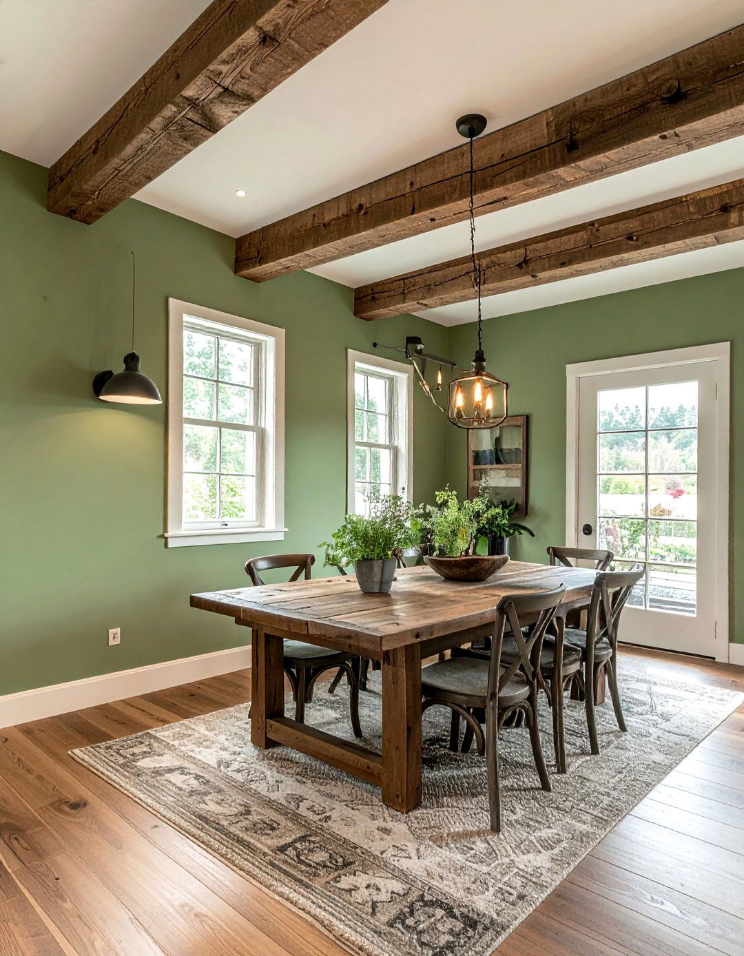 Artichoke Green Dining Room with Rustic Beams - 40 Green Dining Room Ideas for a Fresh Look