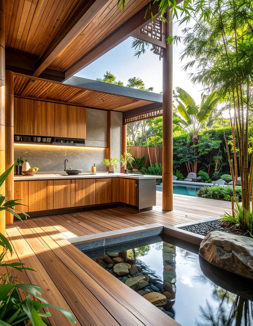 Asian Inspired Zen Garden Kitchen - 20 Outdoor Kitchen with a Gazebo Ideas for Entertaining