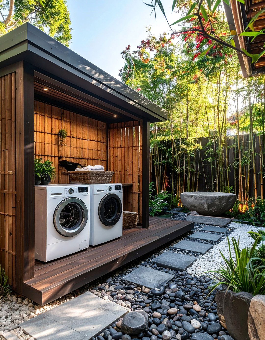 Asian Inspired Zen Garden Laundry Space - 30 Outdoor Laundry Room Ideas for Functionality