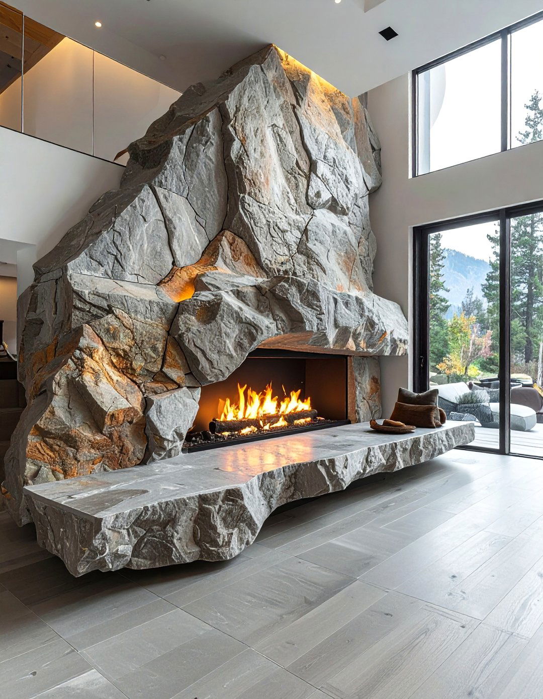 Asymmetrical River Rock Fireplace Design - 30 Unique River Rock Fireplace Ideas for Cozy Homes