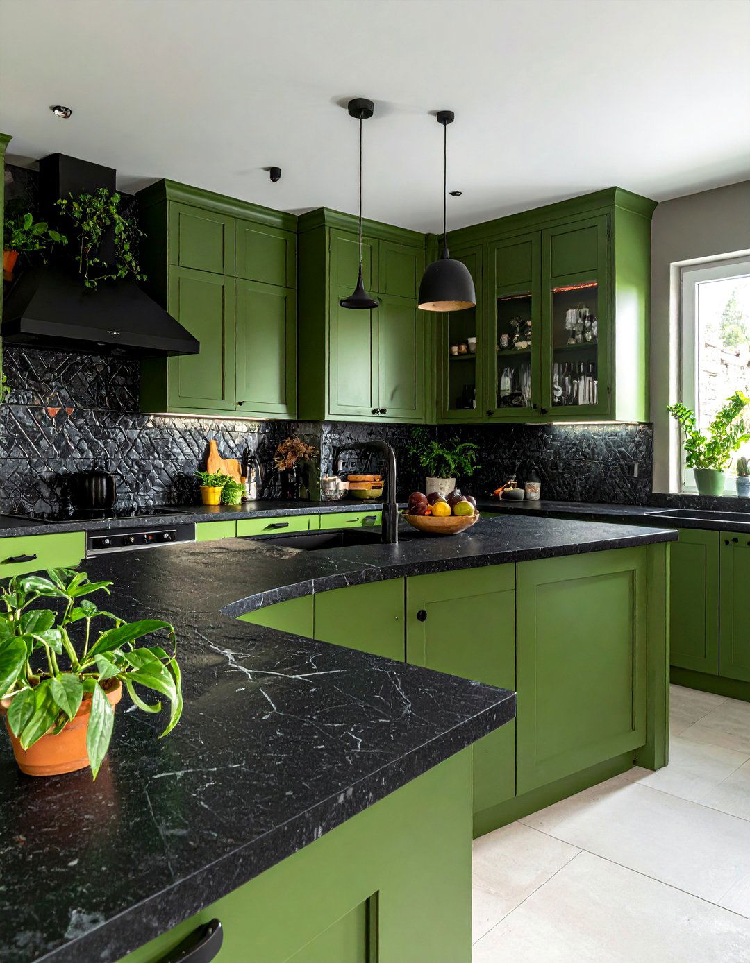 Avocado Green Cabinets with a Textured Black Countertop - 20 Green Kitchen Cabinets With Black Countertops Ideas