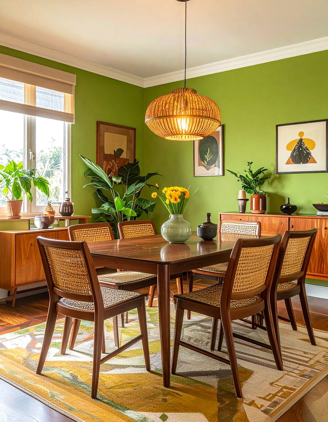 Avocado Green Dining Room with 1970s Inspired Decor - 40 Green Dining Room Ideas for a Fresh Look