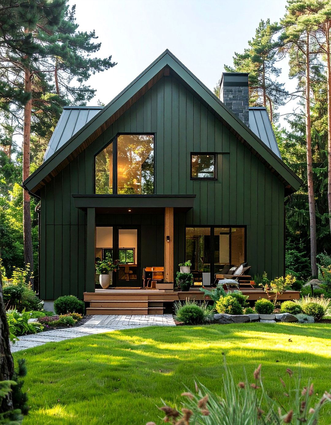 Backwoods Green with Light Wood Tones - 40 Dark Green Exterior Paint Color Schemes for Bold Homes