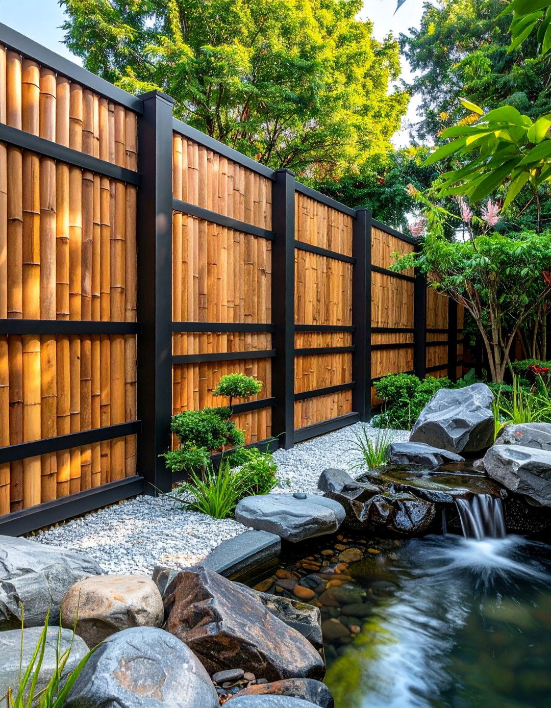 Bamboo Panels Framed in a Steel Fence - 25 Metal and Wood Fence Ideas for Your Outdoor Space