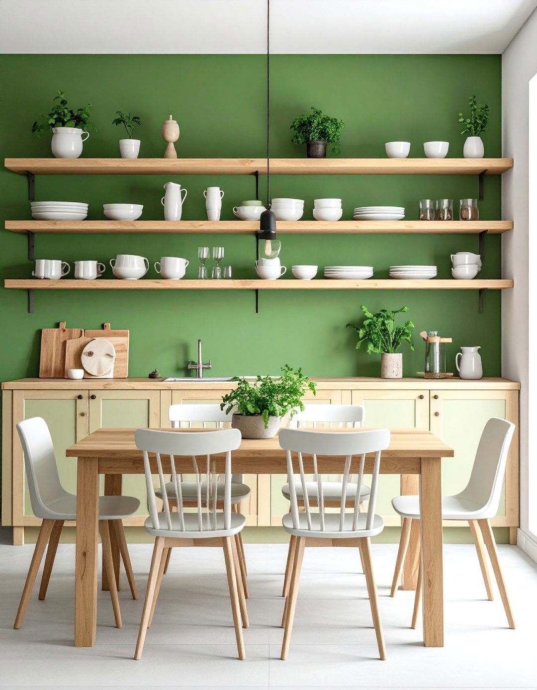 Basil Green Dining Room with Open Shelving - 40 Green Dining Room Ideas for a Fresh Look
