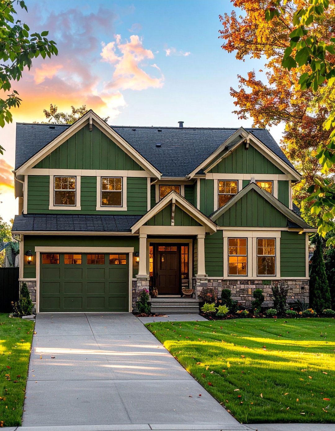Basil Green with Warm Beige Trim - 40 Dark Green Exterior Paint Color Schemes for Bold Homes