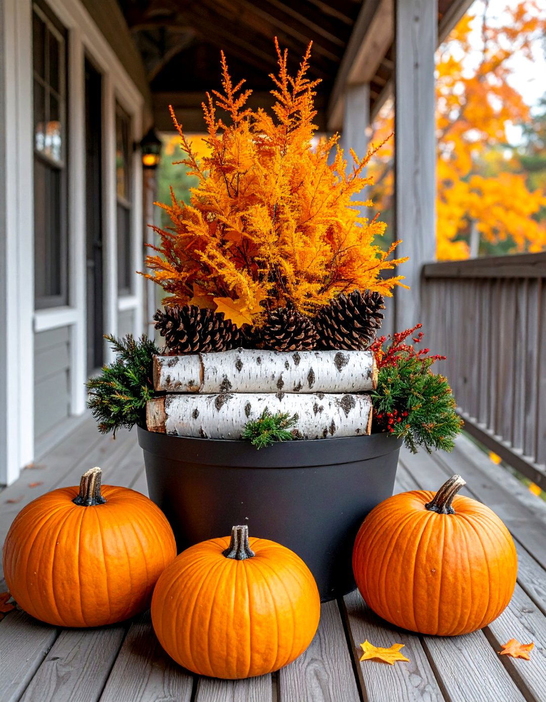 Birch Logs and Evergreen Fall Planter - 40 Fall Planter Ideas to Add Seasonal Charm