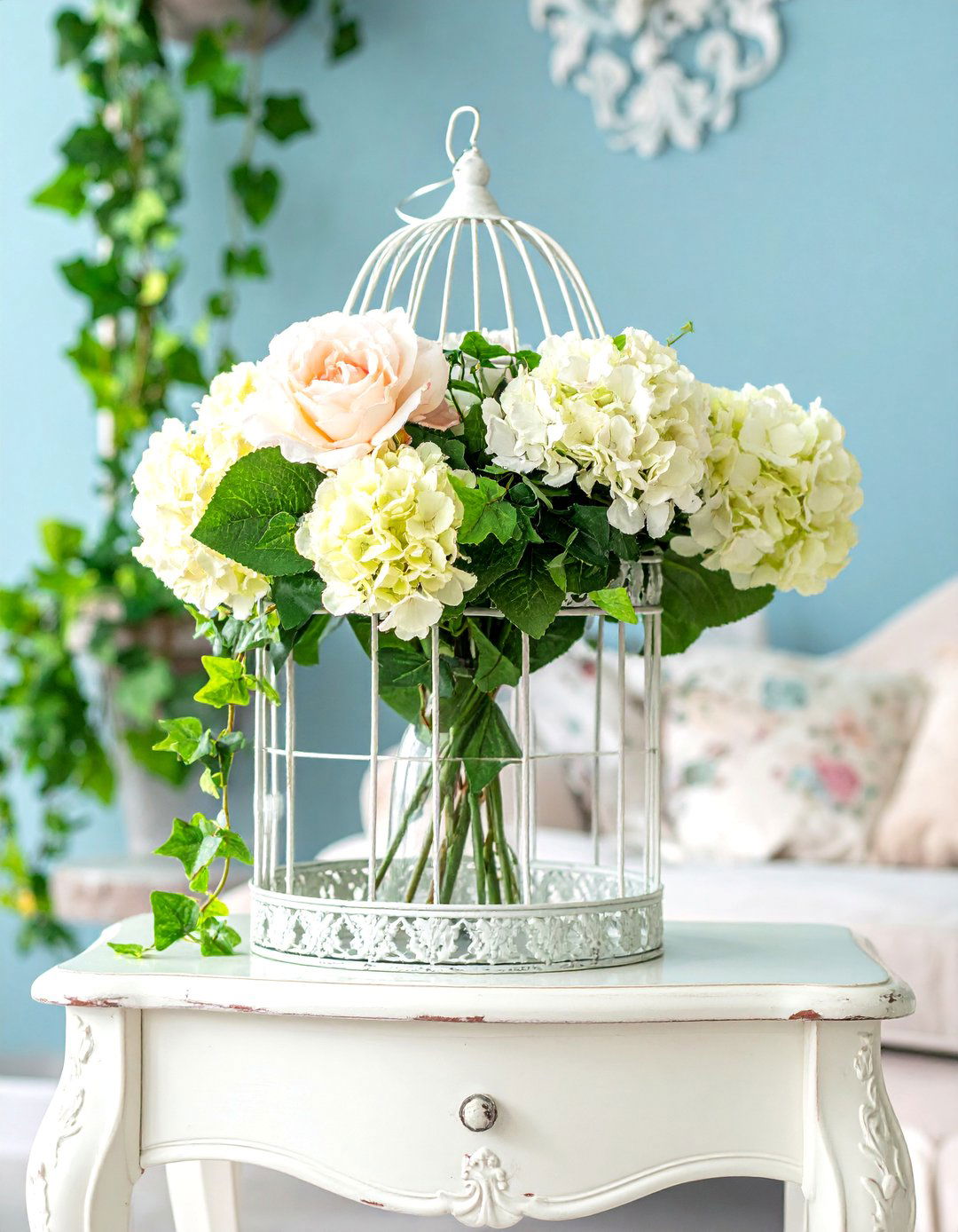 Birdcage Decor with Faux Flowers - 25 Shabby-chic Style Living Room Ideas for Charm