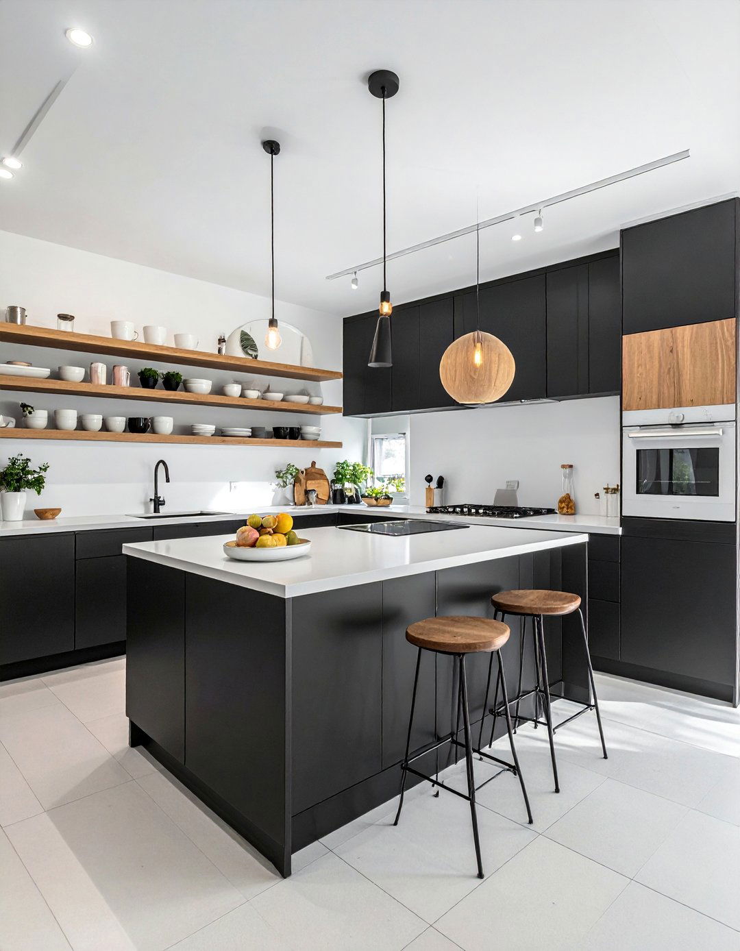 Black Base Cabinets with White Countertops and Floating Upper Shelves - 15 Black Kitchen Cabinets With White Countertops Ideas